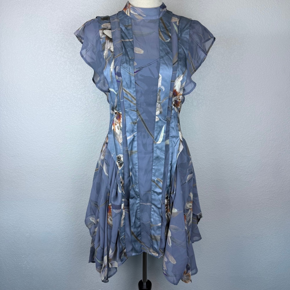 NWT AllSaints Fleur Kuroyuri Dress Blue Floral Chiffon Mock Neck Ruffle Sleeve 0